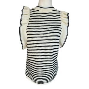 Eleven Six Knit Top Medium Cream Black 100% Pima Cotton Stripe Ruffle Sleeveless